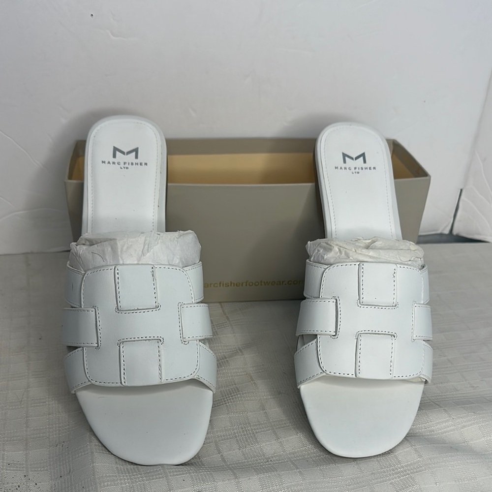 Kayli White Leather Woven Slide Sandals by Marc Fisher LTD